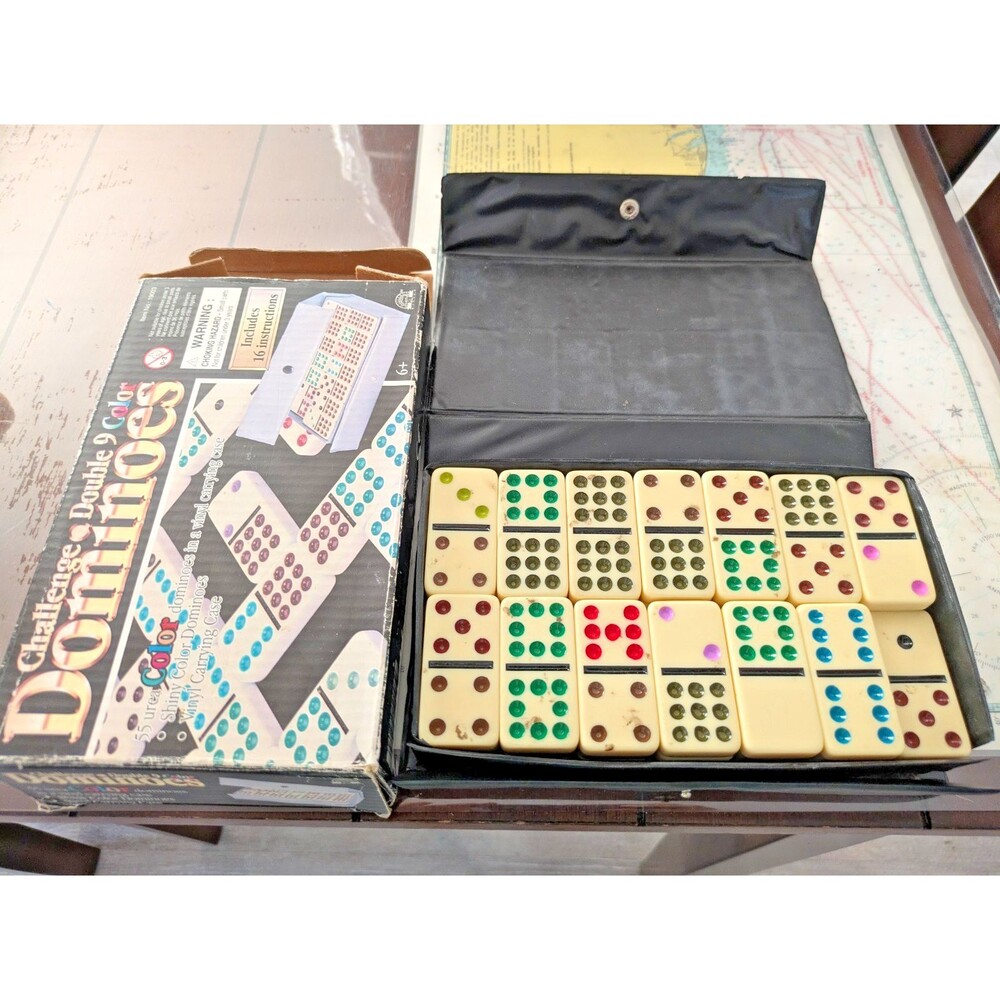 Challenge Dbl 9 Color Dominoes Complete 55 Urea Tile Set w/ Vinyl Case 19003